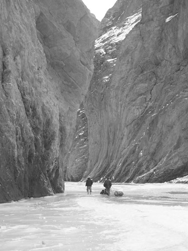 The frozen river briefly lets walkers deep into an inaccessible gorge.