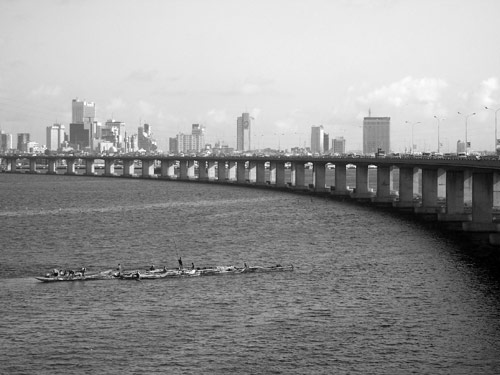 Third Mainland Bridge and high-rises of Lagos Island, as seen from midbridge ambulance post.